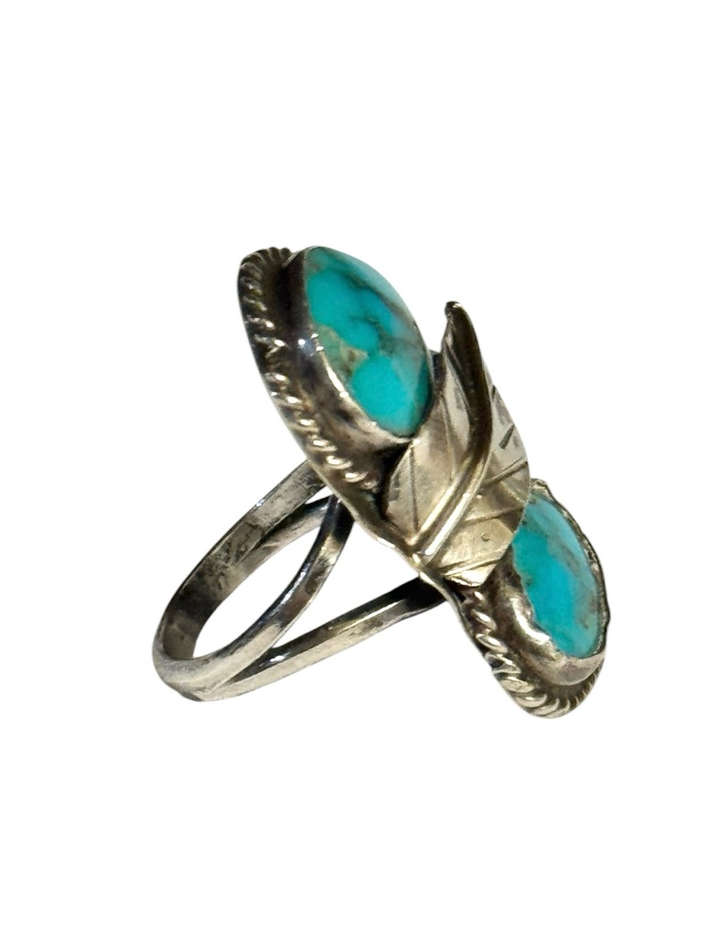60’s Navajo Made Morenci Turquoise & Sterling Silver Split-Stone Ring Sz 5.5 - Picture 2 of 4